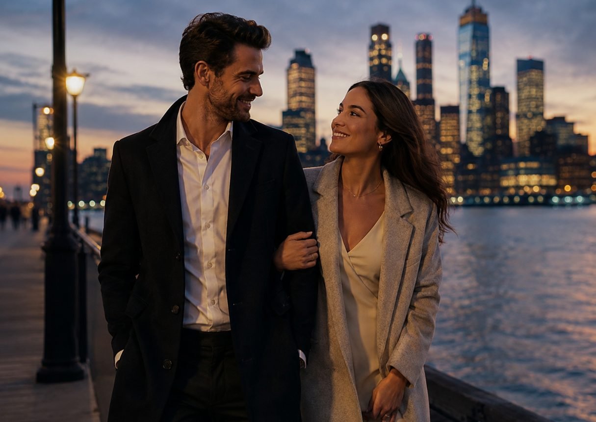 A couple walking beside a city waterfront at dusk